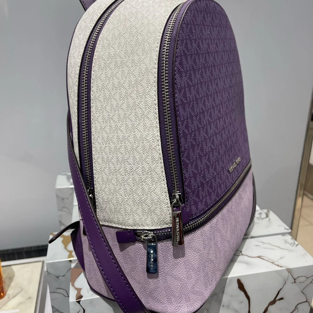 MICHAEL KORS Rhea Md Zip Color-Block Signature Logo Backpack Dark Purple MLT NWT